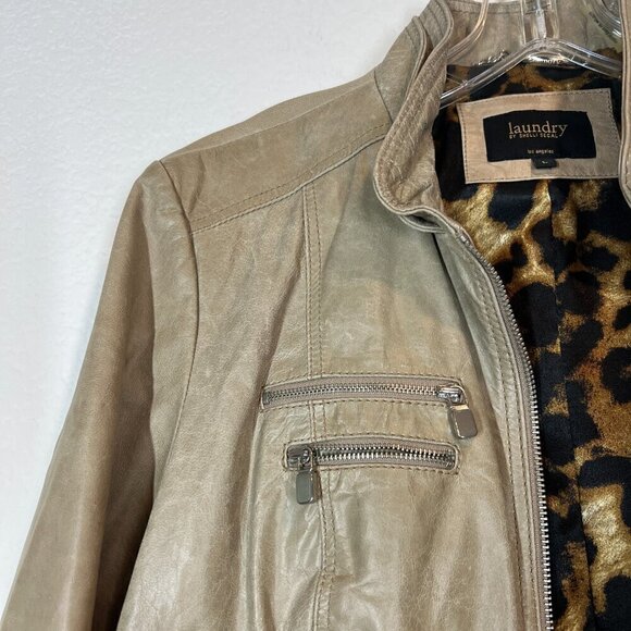 Laundry Leather Moto Jacket Leopard Lining Taupe Medium - Picture 7 of 11